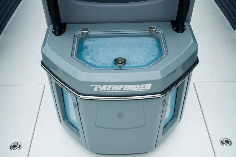 Slide: The Image of 2027 Pathfinder 2700 Tournament livewell with sleek design and blue interior water. - 20
