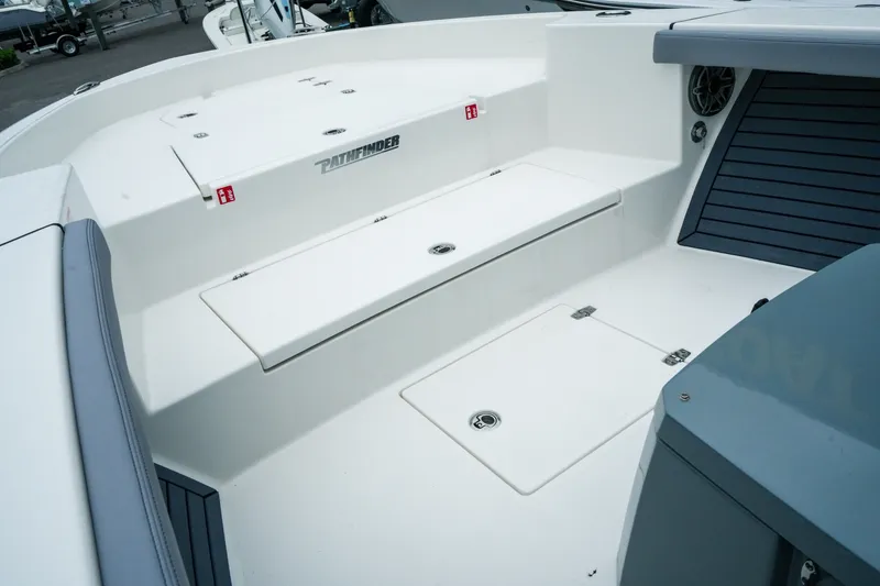 Slide: The Image of 2027 Pathfinder 2700 Tournament boat interior with seating and storage compartments. - 30