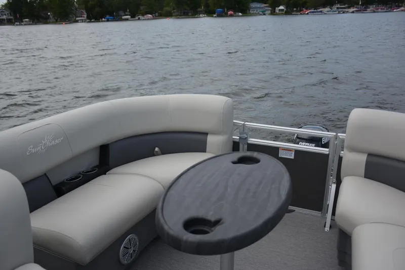Slide: The Image of Manufacturer Provided Image: 2021 SunChaser Vista 20 LR pontoon boat interior with lake view. - 3