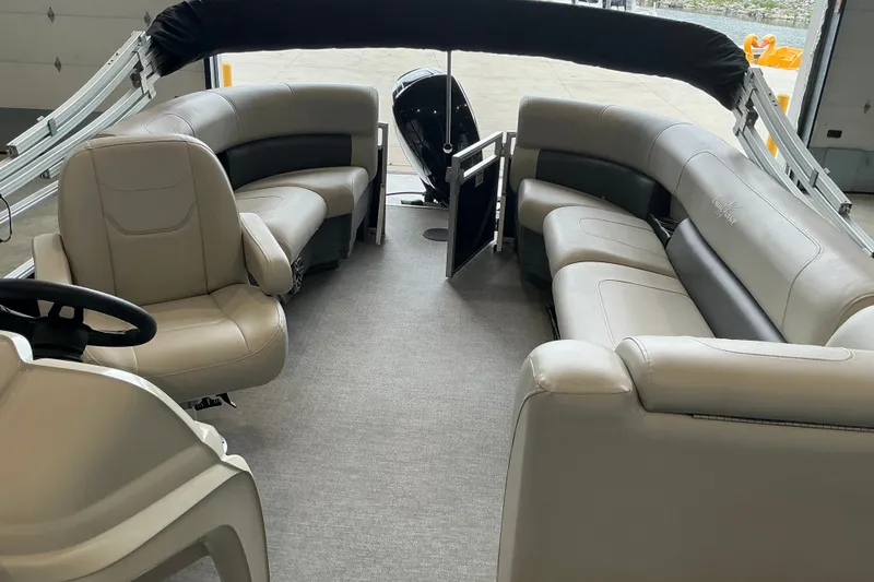 Slide: The Image of Interior of a 2021 SunChaser Vista 20 LR pontoon boat with plush seating. - 23