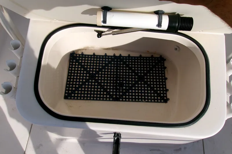 Slide: The Image of Livewell compartment on a 2000 Grady-White Escape 209 boat, featuring a grid insert. - 39