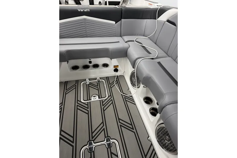 Slide: The Image of Interior of 2026 Varatti Z2373 boat with sleek gray seating and modern flooring design. - 6