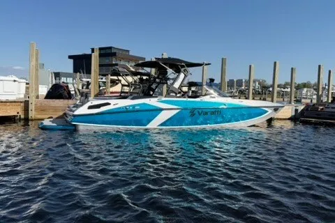 The Image of 2026 Varatti Z2373 boat docked at marina, featuring sleek blue and white design. - 0