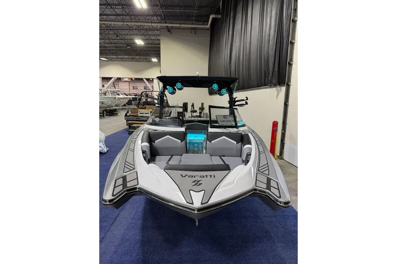 Slide: The Image of 2026 Varatti Z2373 boat displayed indoors, showcasing sleek design and modern features. - 3