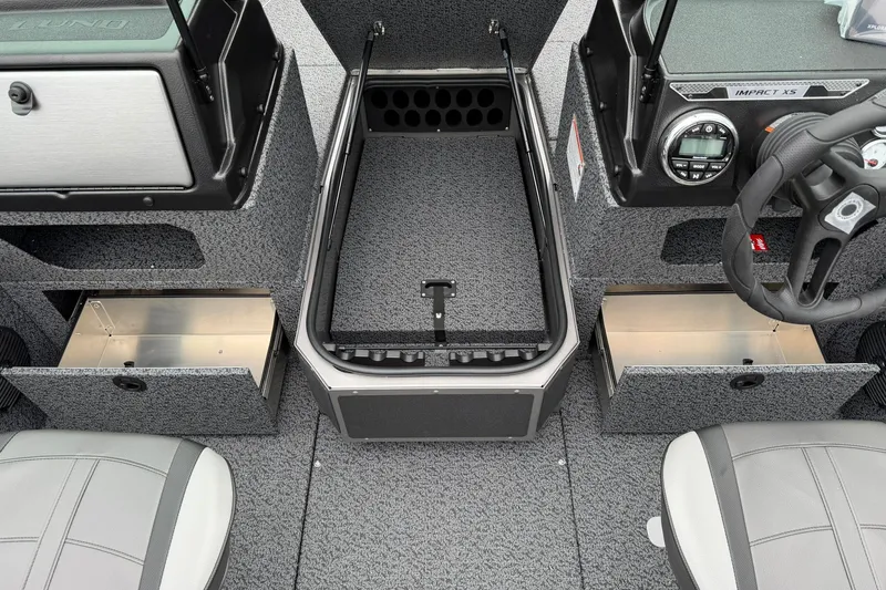 Slide: The Image of Interior of 2027 Lund 1775 Impact XS Sport boat with storage compartments open. - 14