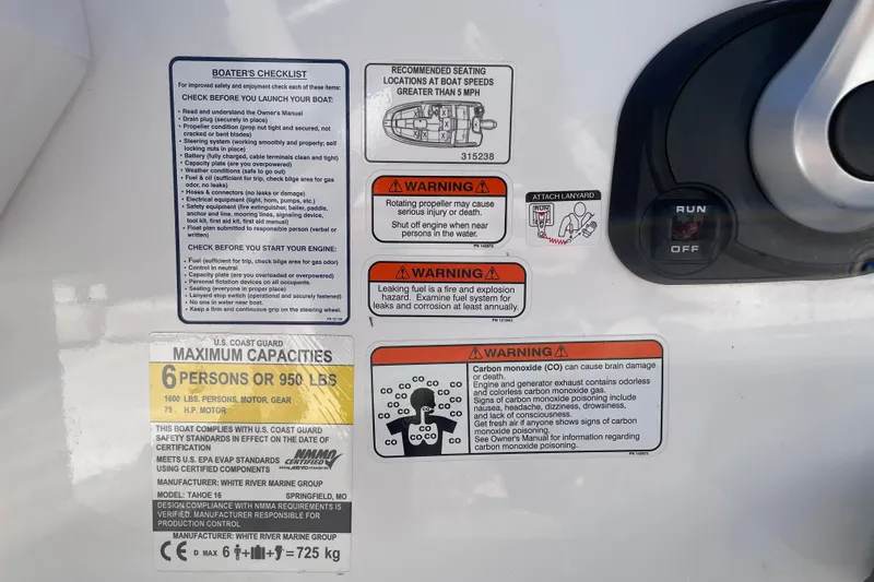 Slide: The Image of 2024 Tahoe T16 boat safety labels and capacity warnings, including maximum load and carbon monoxide risks. - 20