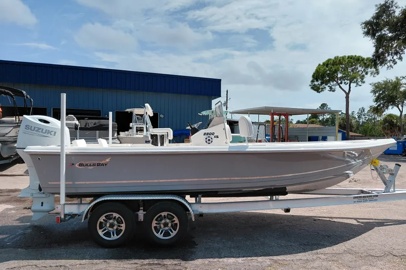 Slide: The Image of 2027 Bulls Bay 2200 XS boat on trailer with Suzuki engine, parked outdoors. - 6