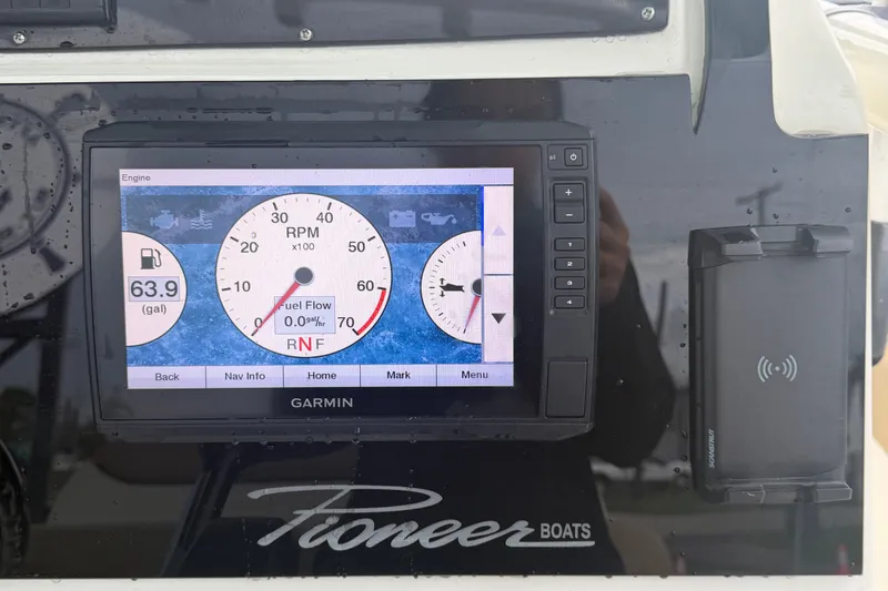 Slide: The Image of Garmin display on 2021 Pioneer 222 Islander boat showing fuel and RPM data. - 26
