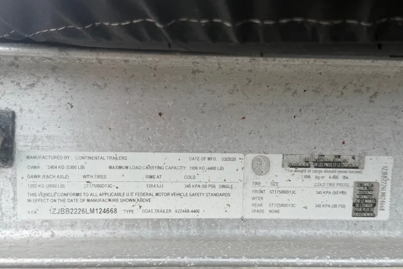 Slide: The Image of Label on Continental Trailers boat trailer, detailing specifications and safety standards compliance. - 69