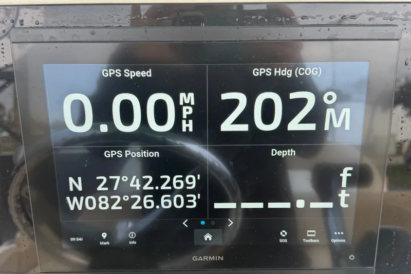 Slide: The Image of Garmin GPS display on 2021 Pioneer 222 Islander showing speed, heading, and coordinates. - 27