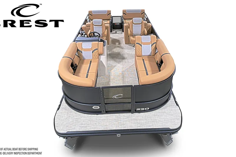 Slide: The Image of 2027 Crest Conquest 230 SLRC pontoon boat with luxurious seating and modern design. - 1