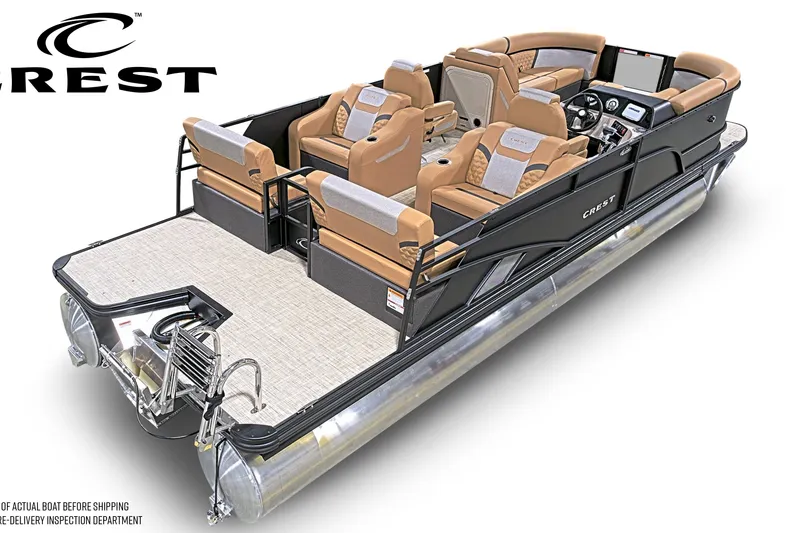 Slide: The Image of 2027 Crest Conquest 230 SLRC pontoon boat with luxurious seating and modern design. - 5