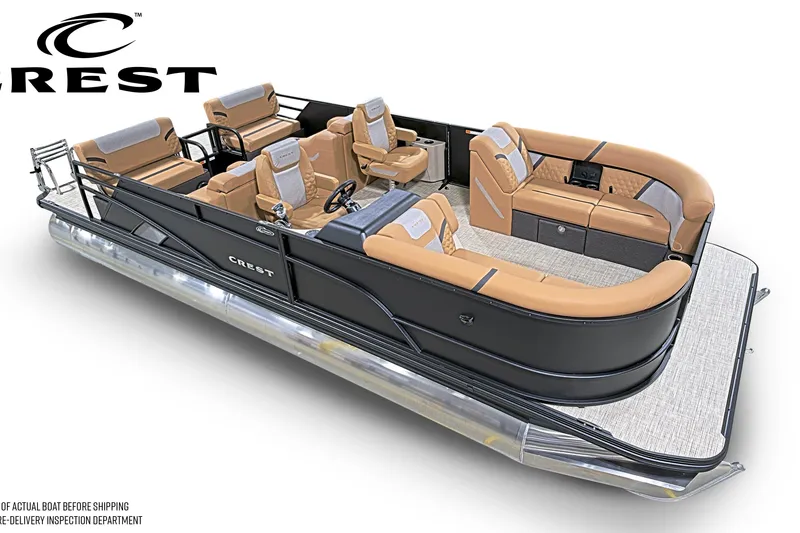 Slide: The Image of 2027 Crest Conquest 230 SLRC pontoon boat with luxurious seating and sleek design. - 2