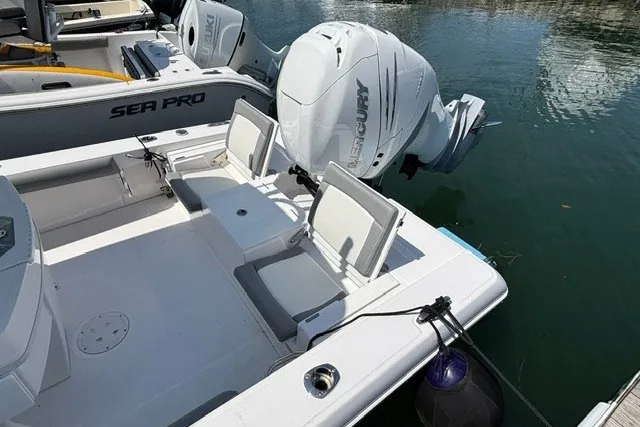 Slide: The Image of 2023 Everglades 253 Center Console boat with Mercury engine, docked on calm water. - 16