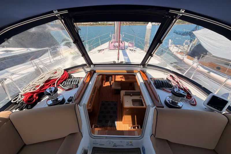 Slide: The Image of Cockpit view of 2009 Jeanneau Sun Odyssey 45 DS sailboat, featuring ropes and winches. - 38