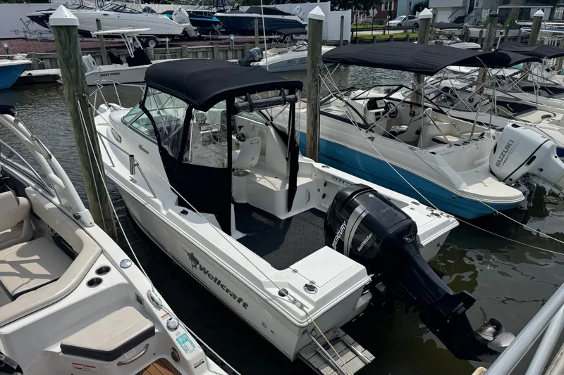 The Image of 2002 Wellcraft 220 Coastal boat docked in marina, featuring black canopy and Mercury outboard motor. - 22