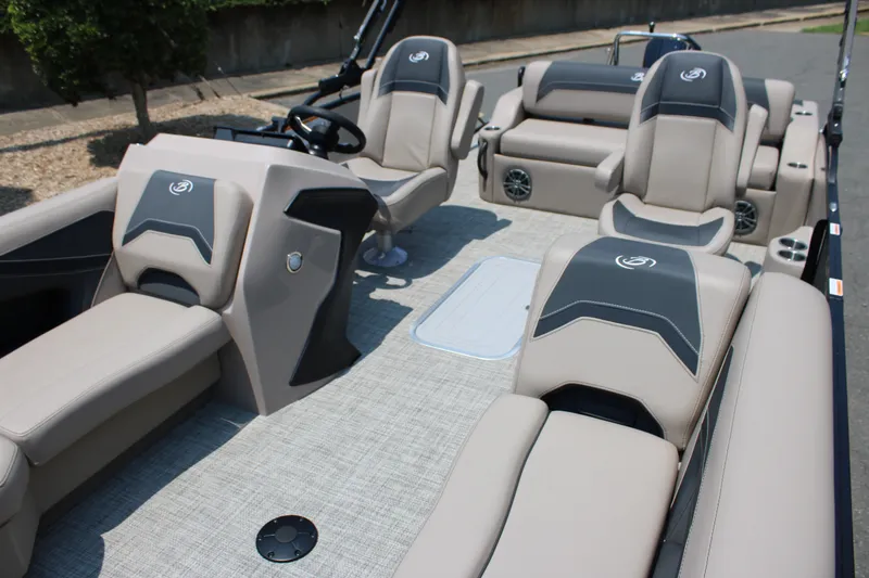 Slide: The Image of 2027 Barletta ARIA 22UC pontoon boat interior with luxurious seating and modern design. - 8