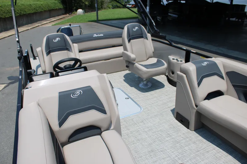 Slide: The Image of 2027 Barletta ARIA 22UC pontoon boat interior with luxurious seating and modern design. - 9