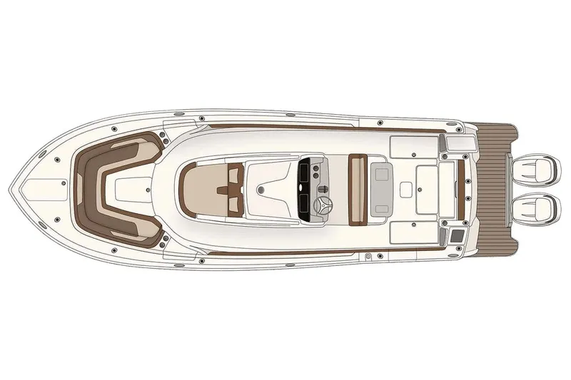 Slide: The Image of Manufacturer Provided Image: Top view layout of 2026 Scout 330 LXF boat with dual engines. - 14