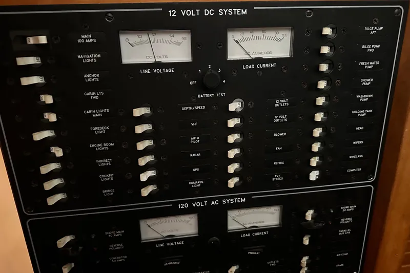 Slide: The Image of Electrical panel of a 1998 Northern Bay 36 boat, featuring 12V and 120V systems. - 34
