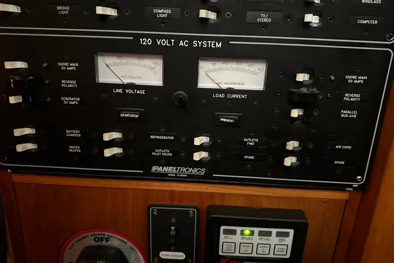 Slide: The Image of Control panel of a 1998 Northern Bay 36 boat, featuring 120V AC system gauges. - 33