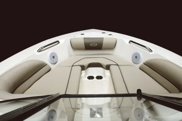 Slide: The Image of Bow seating area of 2027 Key West 203 DFS boat with cushioned seats and cup holders. - 15