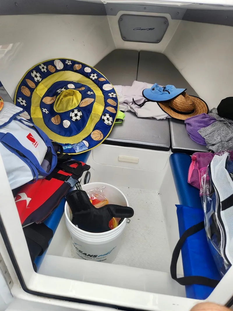 Slide: The Image of The image shows the interior of a boat with various items like hats and bags. - 13