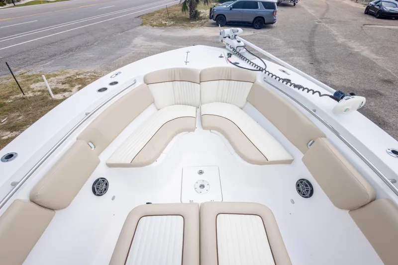 Slide: The Image of 2016 Sea Fox 288 Commander boat interior with beige seating and white accents. - 35
