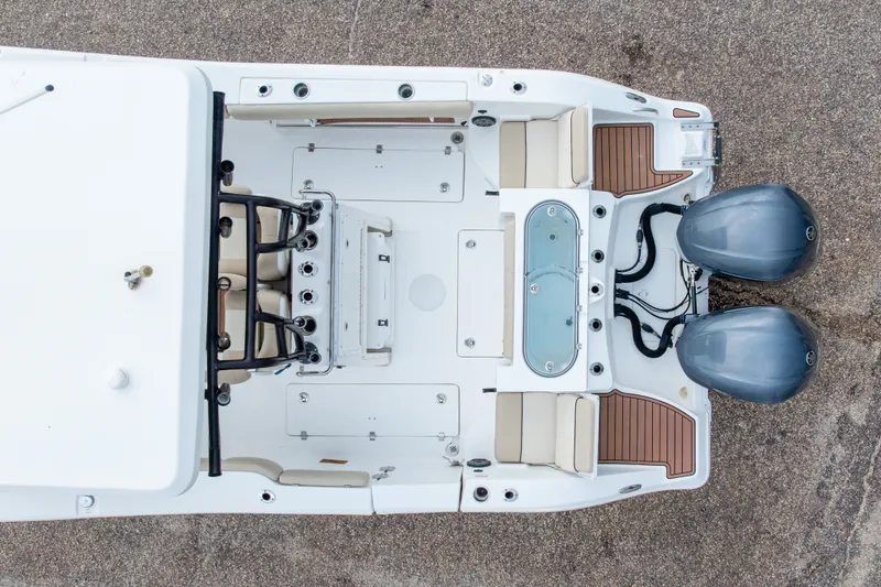 Slide: The Image of Overhead view of 2016 Sea Fox 288 Commander boat with dual engines and spacious deck layout. - 10