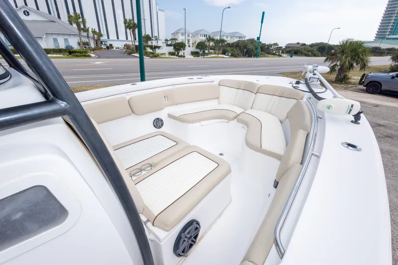 Slide: The Image of 2016 Sea Fox 288 Commander boat interior with beige seating and modern design. - 34