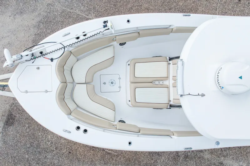 Slide: The Image of Overhead view of 2016 Sea Fox 288 Commander boat interior with beige seating. - 9