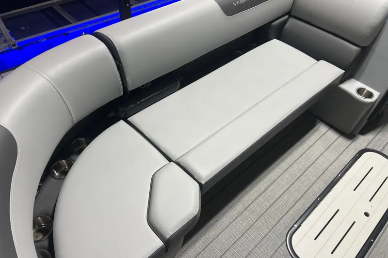Slide: The Image of Luxurious seating on the 2026 Veranda VR 265 VL pontoon boat, featuring sleek gray upholstery. - 2
