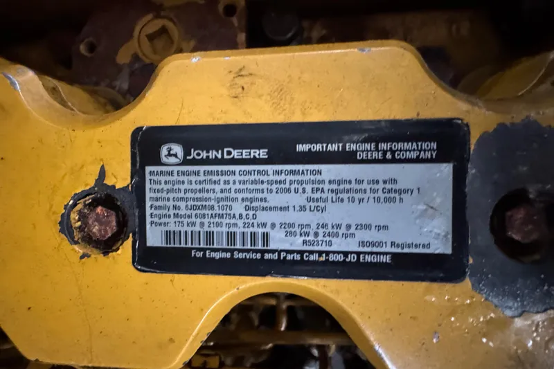 Slide: The Image of John Deere marine engine label on a 2007 Northern Bay 36 boat. - 36
