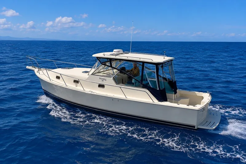 Slide: The Image of 2006 Mainship Pilot 34 Sedan cruising on open blue sea under clear sky. - 2
