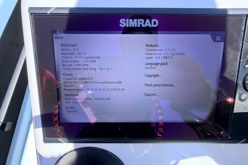 Slide: The Image of Simrad NSS9 evo3 display on 2021 Chittum Skiffs Islamorada 21, showing software details. - 44