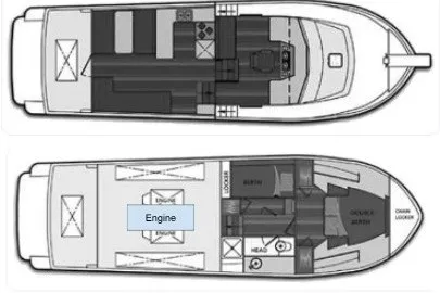 Slide: The Image of Floor plan of a 2005 North Pacific 42 boat, showing engine and cabin layout. - 71