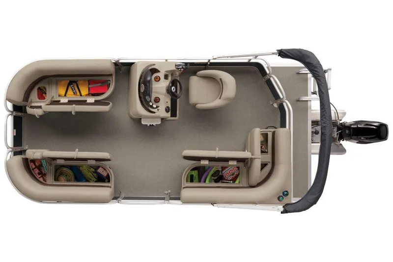 Slide: The Image of Overhead view of a Sun Tracker Party Barge 18 DLX pontoon boat with seating and helm console. - 13
