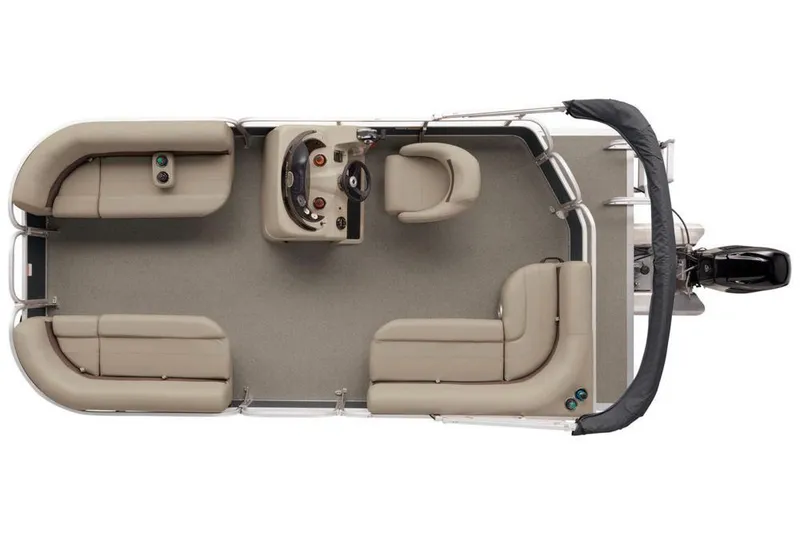 Slide: The Image of Overhead view of a Sun Tracker Party Barge 18 DLX pontoon boat with beige seating and helm console. - 14