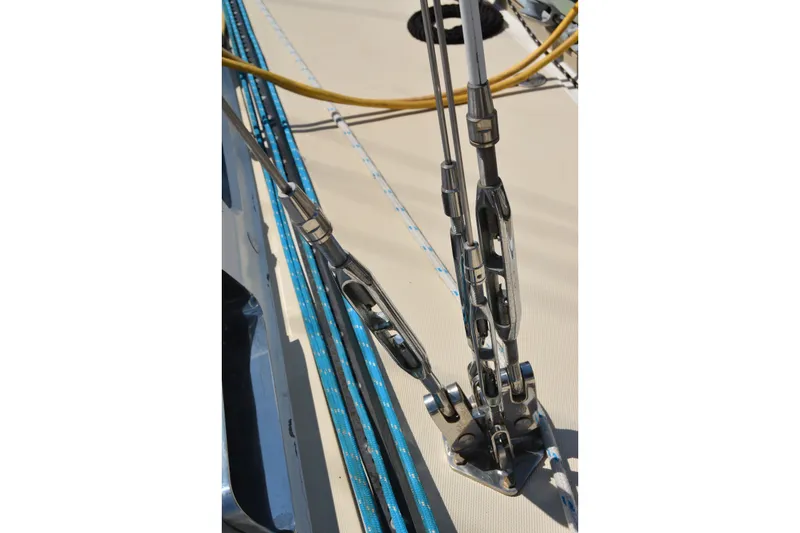 Slide: The Image of Close-up of rigging on a 2002 Sabre 402 sailboat deck. - 44