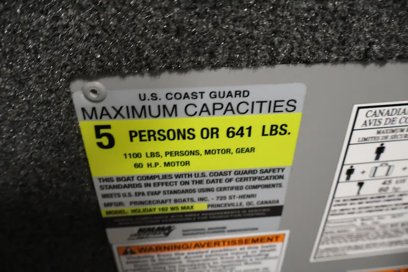 Slide: The Image of 2025 Princecraft Holiday 162 WS MAX capacity label, 5 persons or 641 lbs, 60 HP motor. - 26