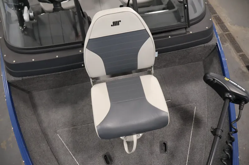 Slide: The Image of 2025 Princecraft Holiday 162 WS MAX boat interior with seating and Minn Kota trolling motor. - 15