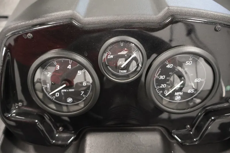 Slide: The Image of Dashboard of 2025 Princecraft Holiday 162 WS MAX boat with RPM, trim, and speed gauges. - 22