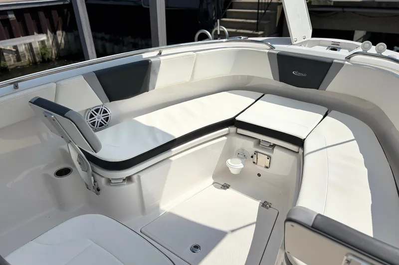 Slide: The Image of 2023 Robalo R272 Center Console boat interior with cushioned seating and speaker. - 51