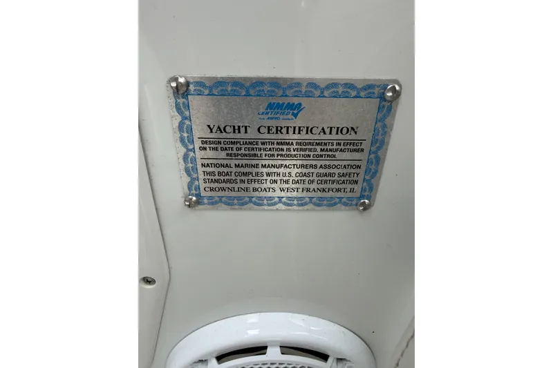 Slide: The Image of Yacht certification plaque on 2010 Crownline 280 CRX, verifying NMMA compliance and safety standards. - 8