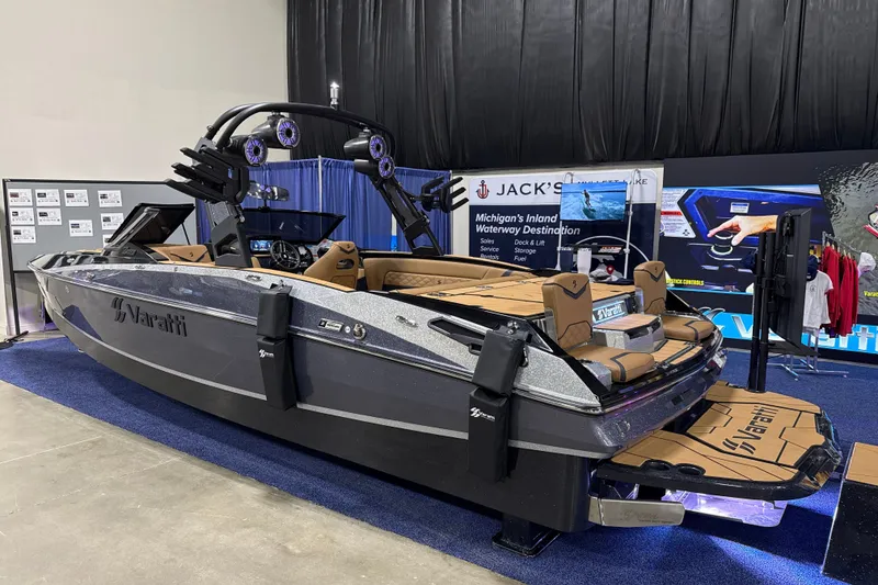 Slide: The Image of 2025 Varatti Z2373 boat on display at a Michigan waterway event. - 5