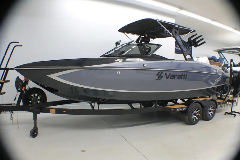 The Image of 2025 Varatti Z2373 boat on trailer in showroom, sleek design, modern features. - 0
