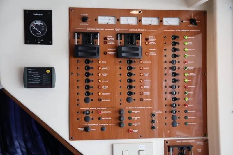 Slide: The Image of Control panel of a 2004 Mainship 390 Trawler with various switches and gauges. - 21
