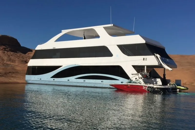 The Image of Luxury yacht "Adonia Azul" on serene water, accompanied by a speedboat, 2017. - 2