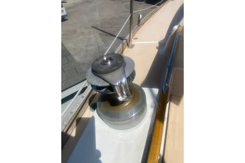 Slide: The Image of Close-up of a winch on a 1982 Bristol 40 sailboat deck. - 12