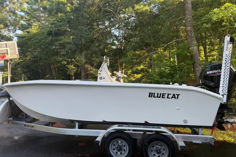Slide: The Image of 2024 BlueCat 17 boat on trailer, surrounded by lush green trees. - 9